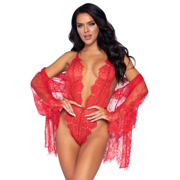 Leg Avenue Floral Lace Teddy und Robe Rot
