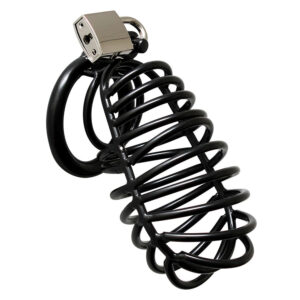 Dispositivo per castità maschile in metallo nero con lucchetto